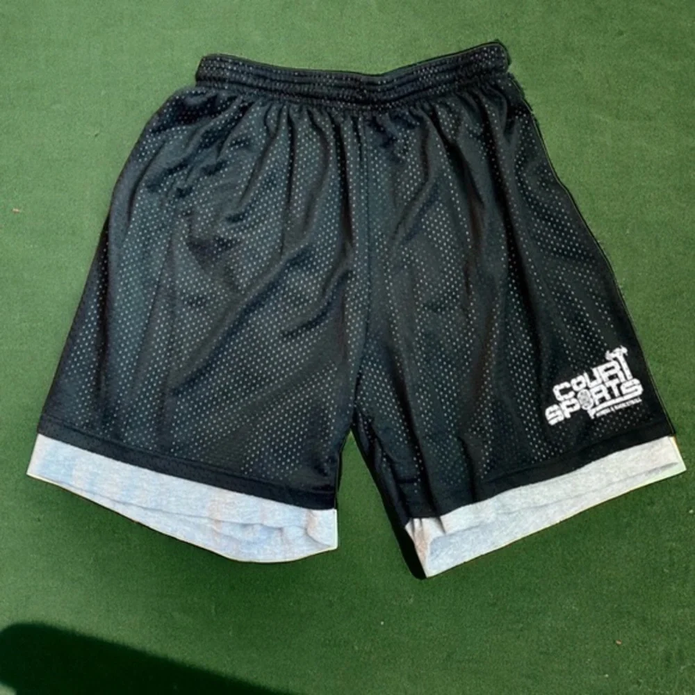 Vintage ROBINSON APPAREL Mens Double Layer Mesh Gym Shorts USA Black Gray  L